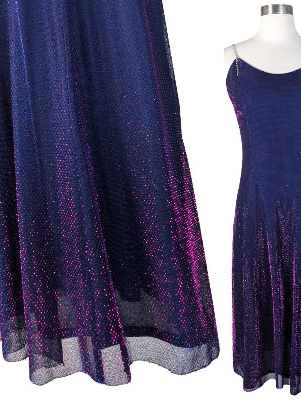 Vintage 90s Metallic Blue Purple Pink LUREX Maxi Slip Dress Prom Party Gown S M